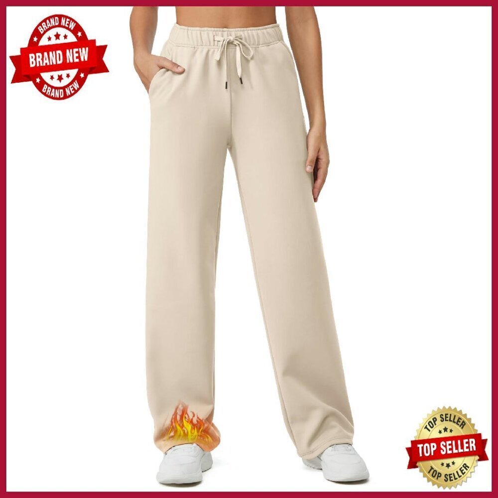 Fleece Lined Wide Leg Sweatpants with Pockets for Casual Work